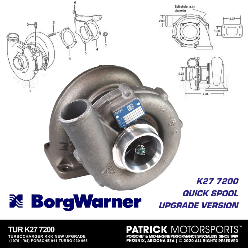 NEW STOCK! BorgWarner K27 7200 Turbo With Upgraded Billet Compressor Wheel For Porsche 930 / 964 Turbo / 965 Turbo S (TUR K27 7200 GSX / 930 123 003 02 GSX)